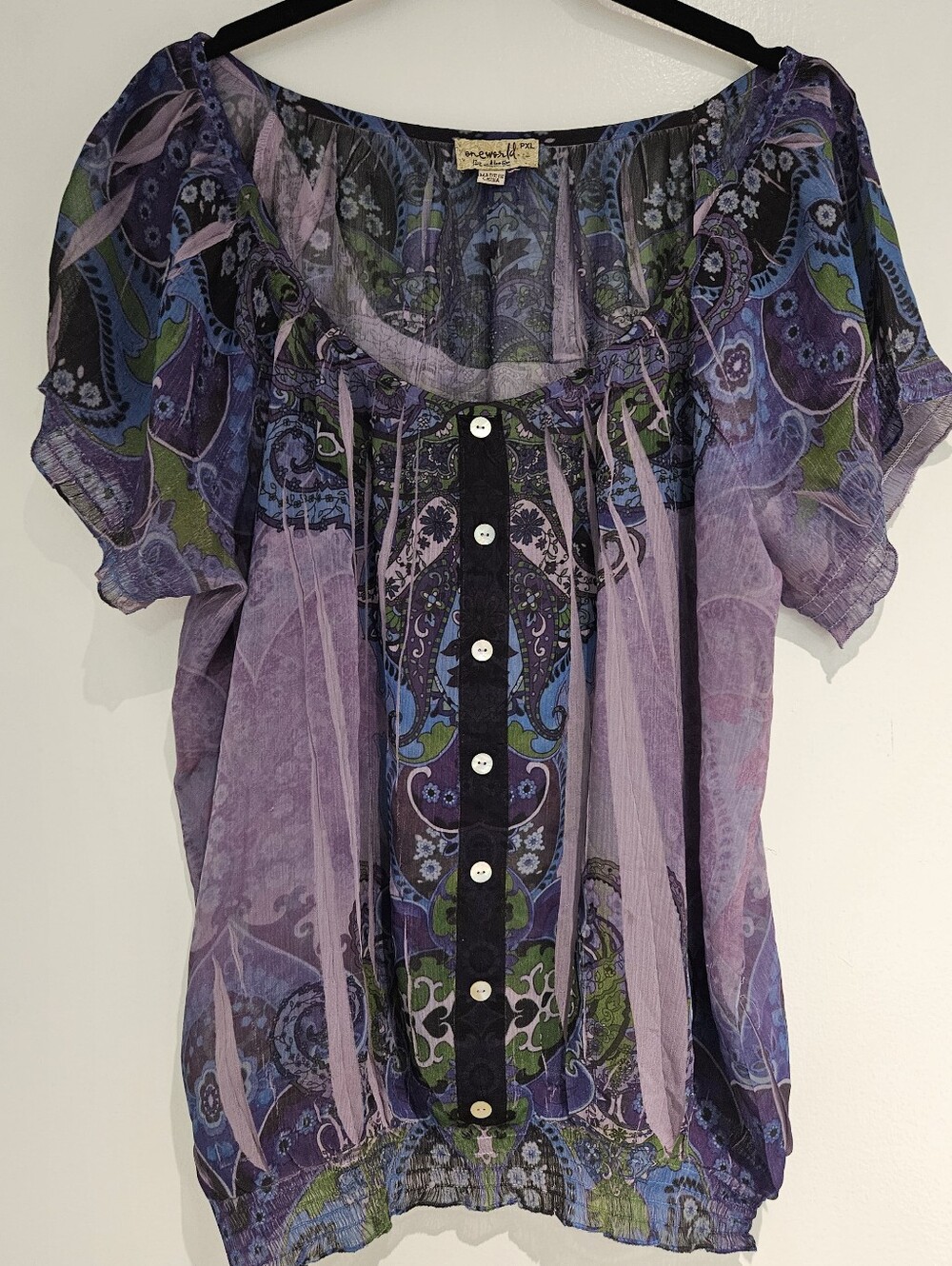 One World Live and Let Live Purple Paisley Boho Smocked Peasant Blouse PXL